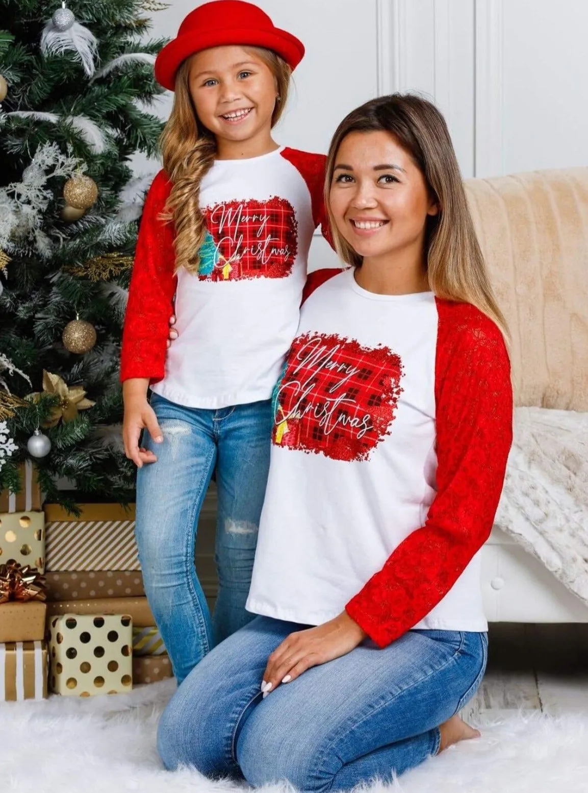 Mommy and Me Merry Christmas Raglan Lace Top