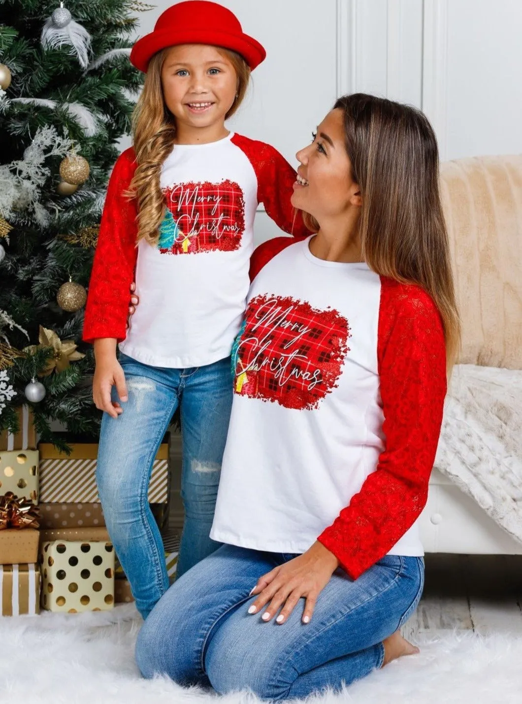 Mommy and Me Merry Christmas Raglan Lace Top