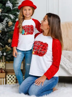 Mommy and Me Merry Christmas Raglan Lace Top