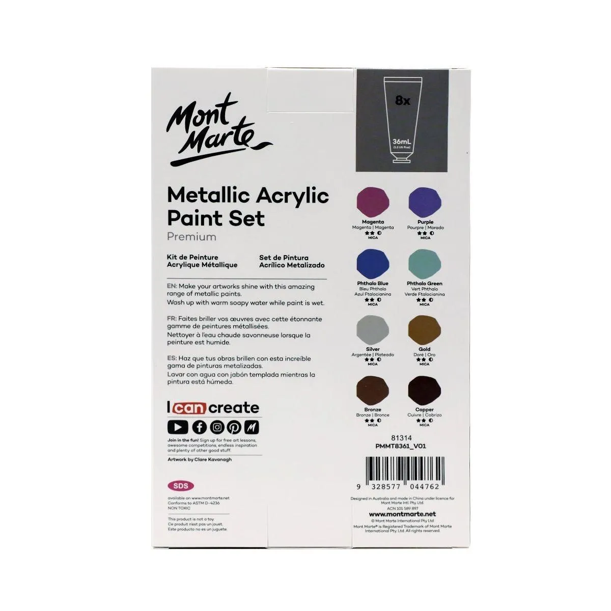 Mont Marte Metallic Acrylic Paint Set 8pcs x 36ml