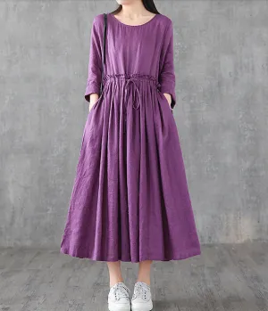 O Neck Long Sleeve Summer Spring Linen Women loose Dresses DZA05241