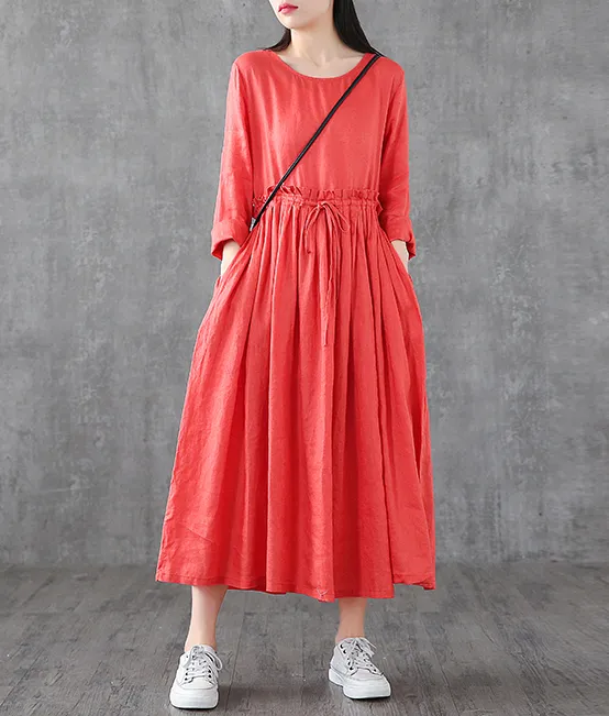 O Neck Long Sleeve Summer Spring Linen Women loose Dresses DZA05241