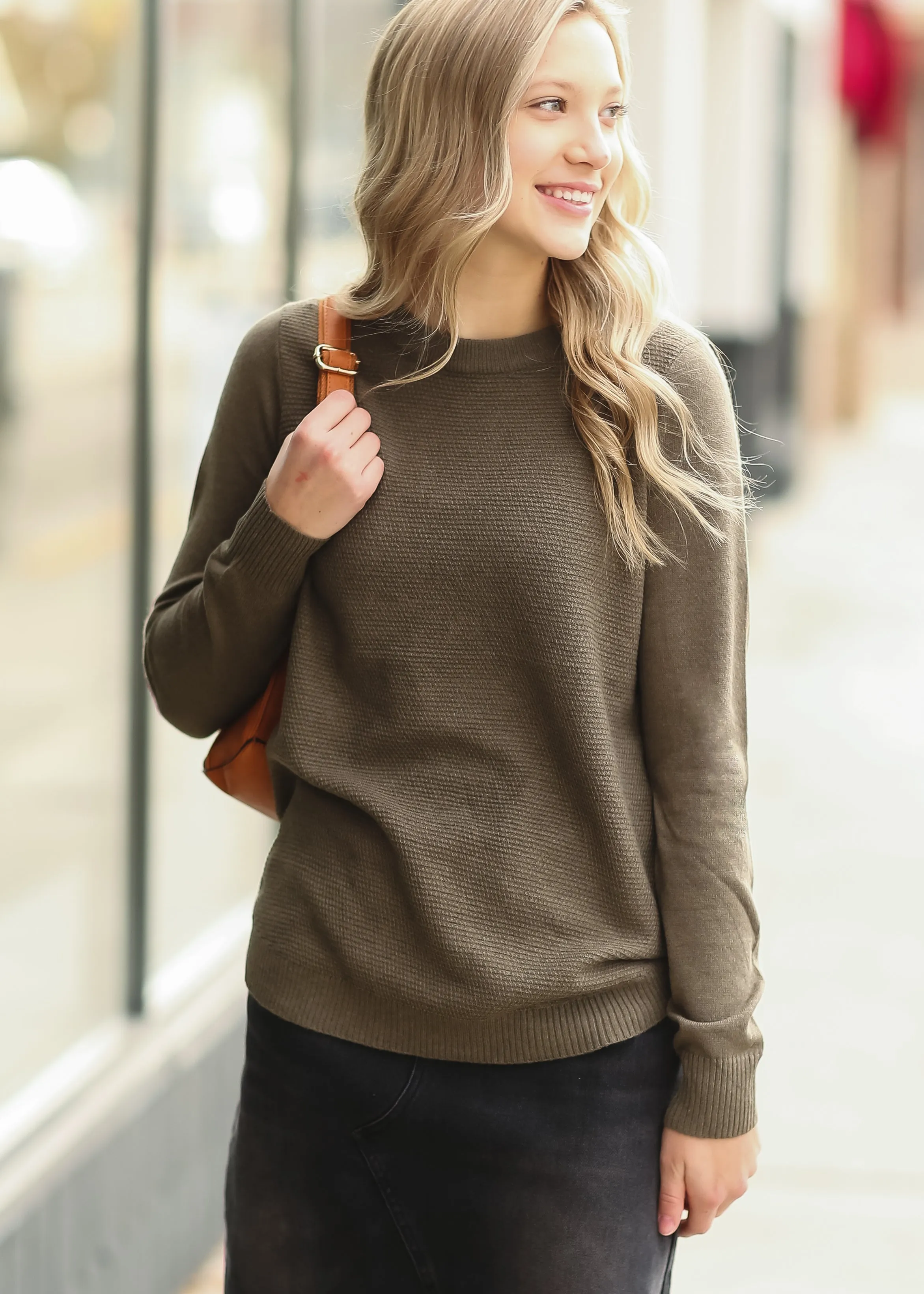 Olive Waffle Weave Textured Sweater