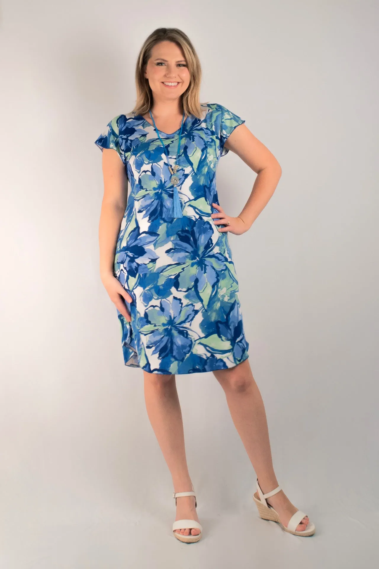 Pacific Print Short Sleeve Jersey Shift Dress