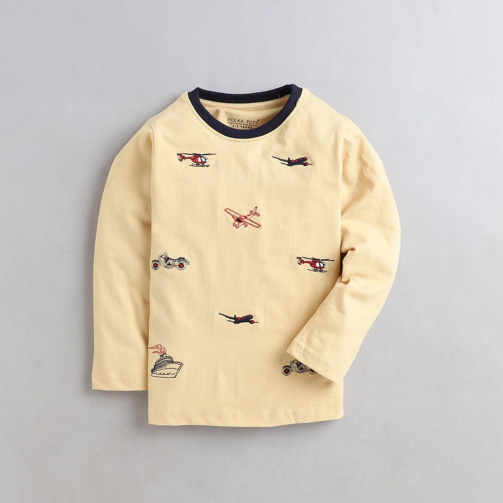 Polka Tots Full Sleeves Helicopter Embroidery Detailing Tee - Light Yellow