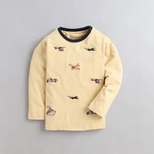 Polka Tots Full Sleeves Helicopter Embroidery Detailing Tee - Light Yellow