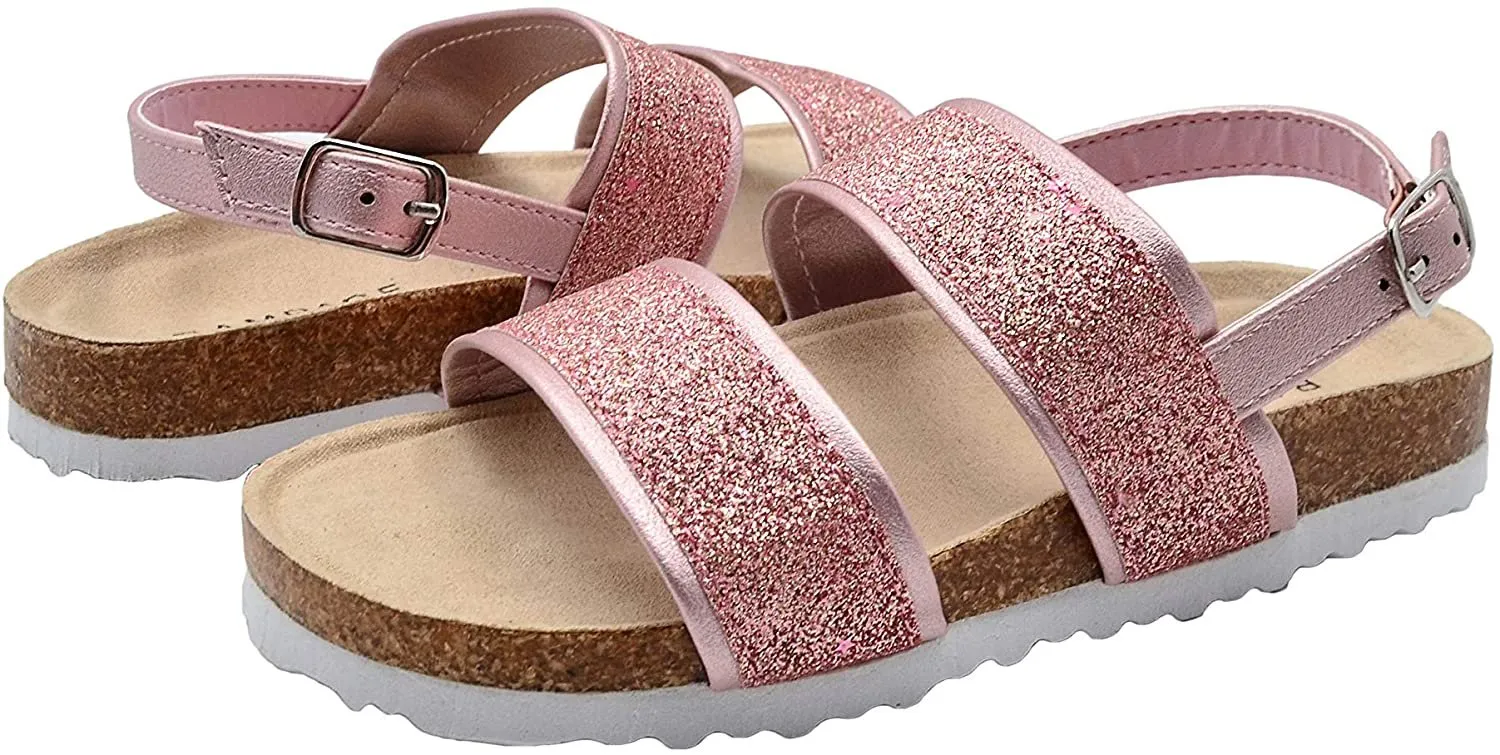 Rampage Girls Big Kid Glitter Footbed Slide Sandal with Back Strap - Fashion Summer Shoes