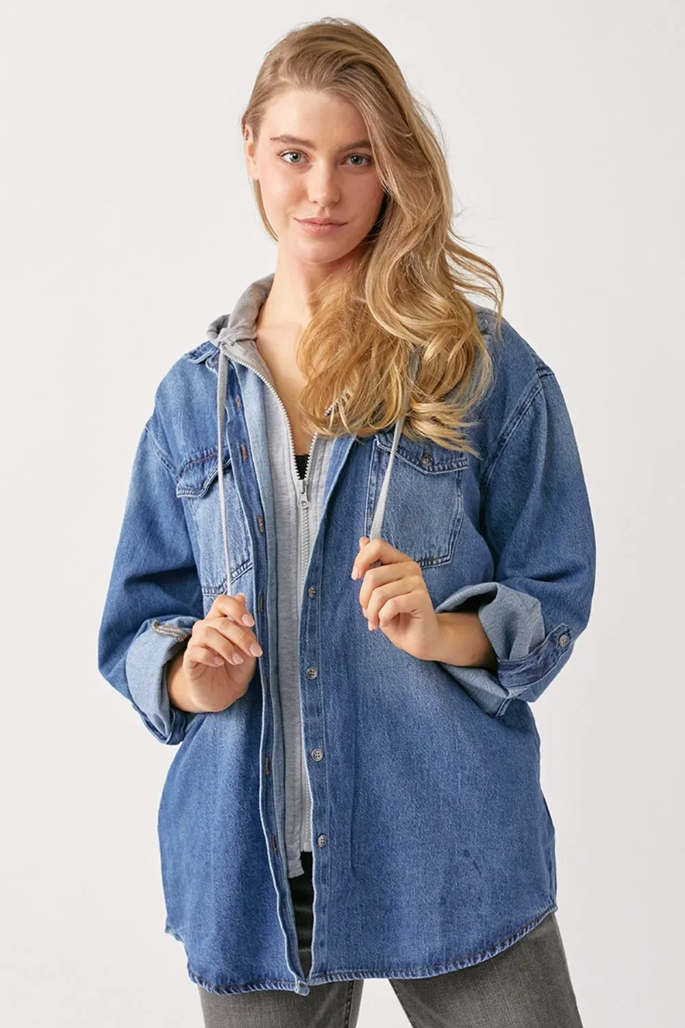 RISEN Zip Up Hooded Denim Shacket