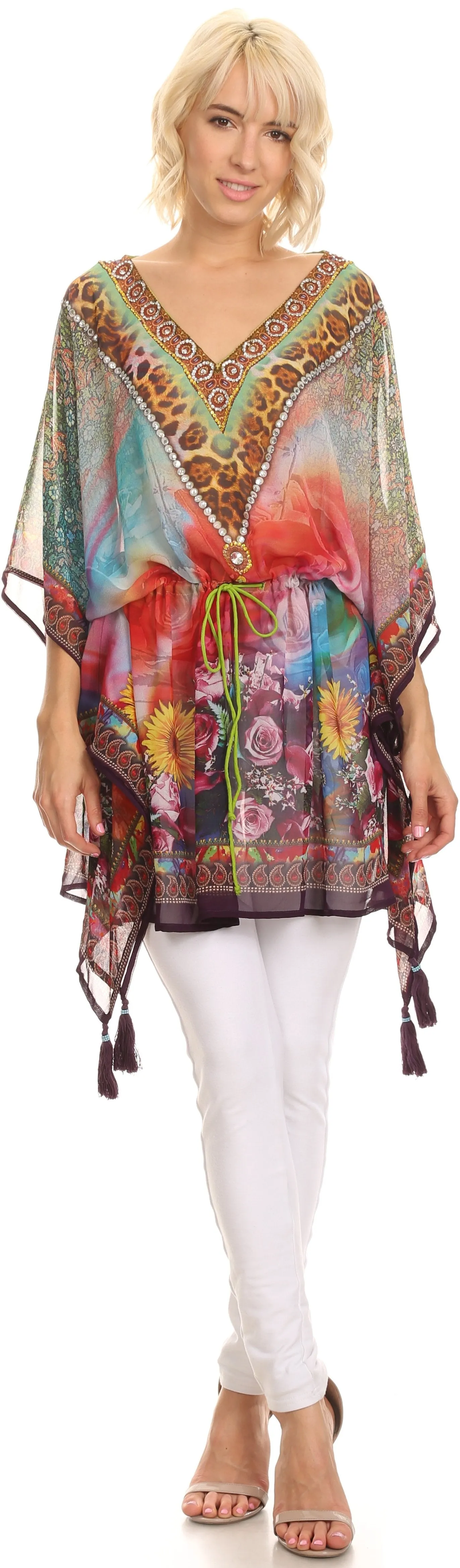 Sakkas Fual Long Printed Square Adjustable Waist Beaded Tassel Caftan Cover Up