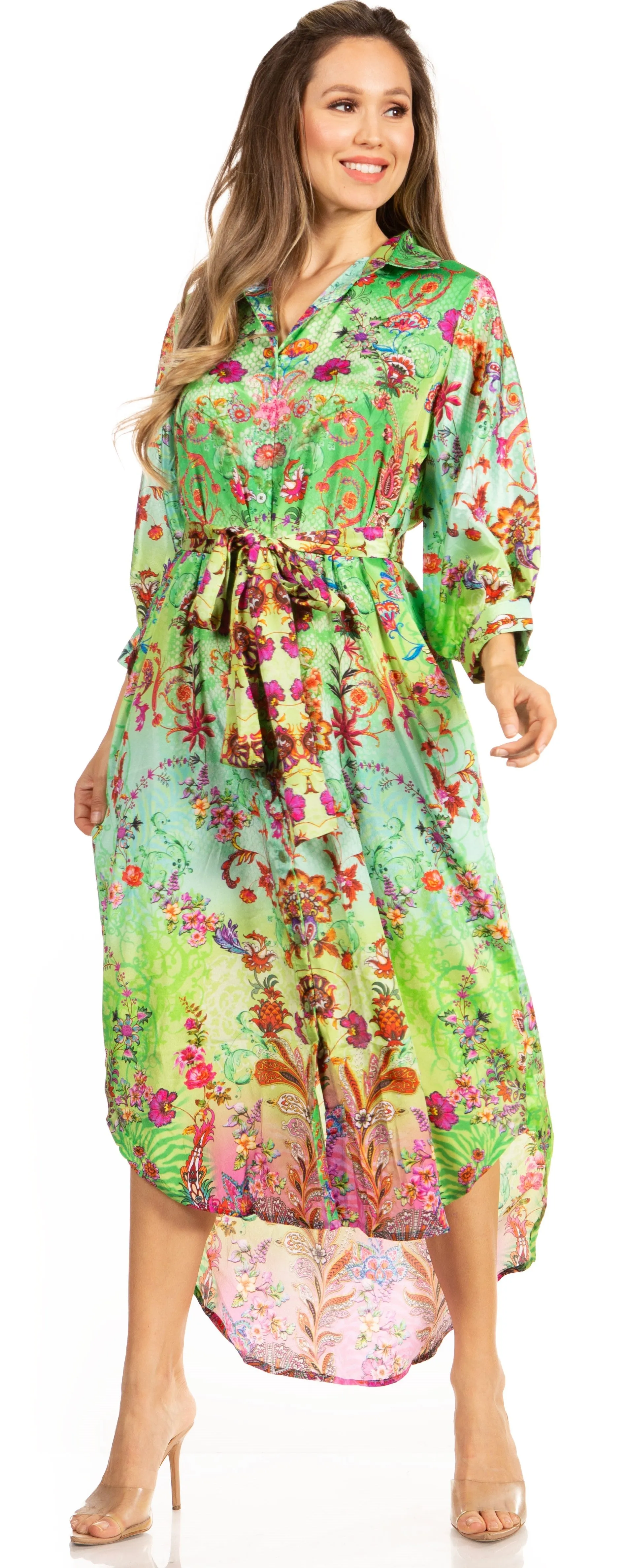 Sakkas Rina Women's Floral Print Maxi Dress with Long Sleeves and Flounce Shirt Design