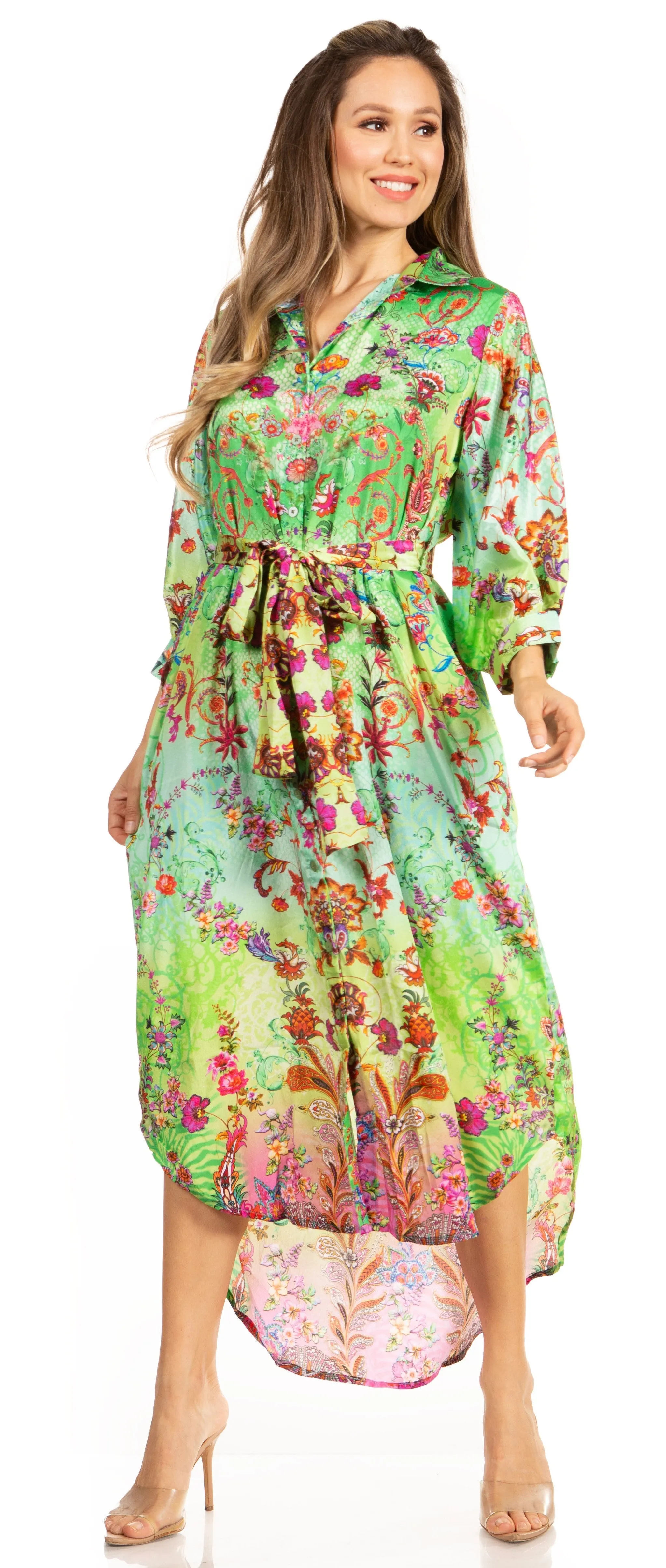 Sakkas Rina Women's Floral Print Maxi Dress with Long Sleeves and Flounce Shirt Design