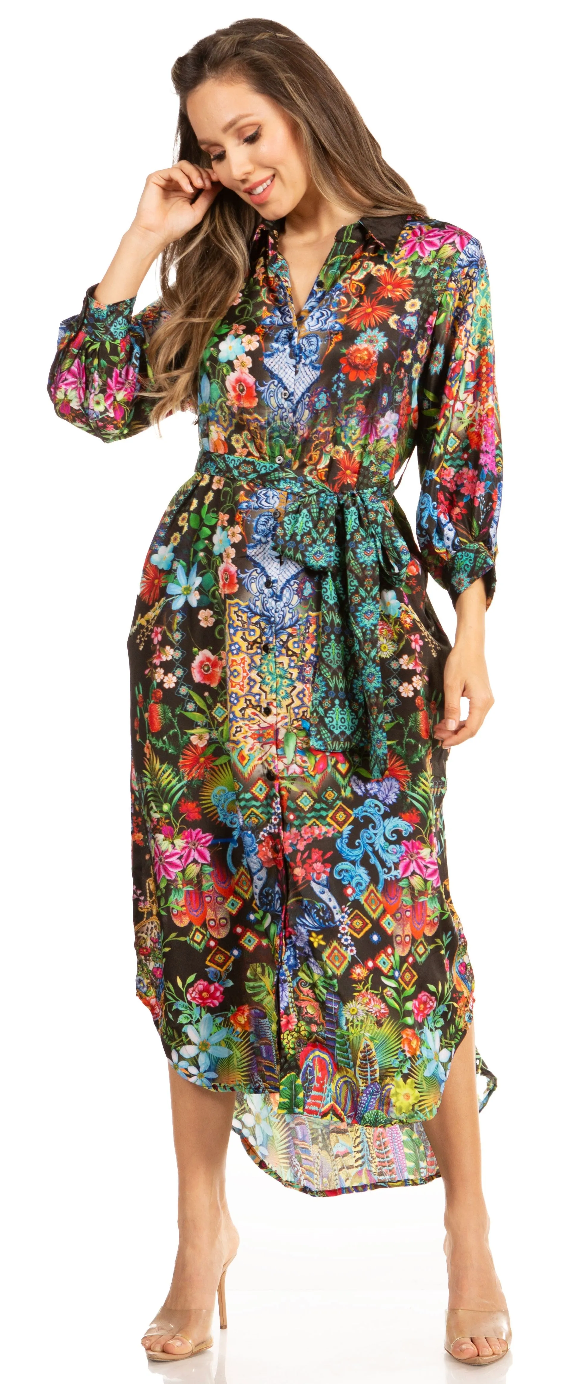 Sakkas Rina Women's Floral Print Maxi Dress with Long Sleeves and Flounce Shirt Design