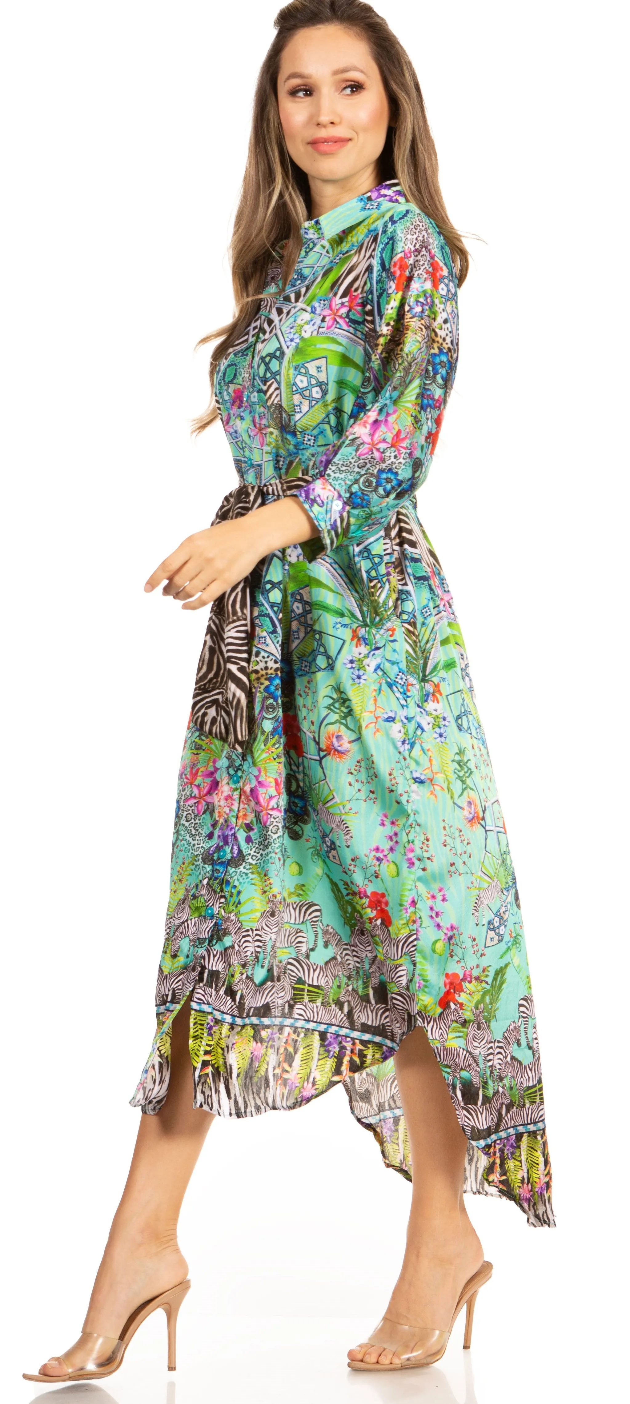 Sakkas Rina Women's Floral Print Maxi Dress with Long Sleeves and Flounce Shirt Design