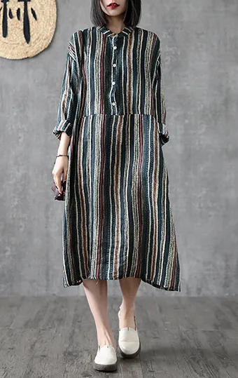 Striped Long Sleeve Summer Spring Linen Women Dresses DZA20681