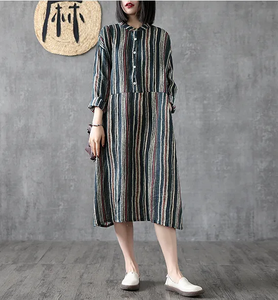 Striped Long Sleeve Summer Spring Linen Women Dresses DZA20681