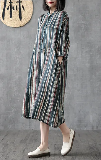 Striped Long Sleeve Summer Spring Linen Women Dresses DZA20681