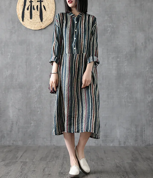 Striped Long Sleeve Summer Spring Linen Women Dresses DZA20681