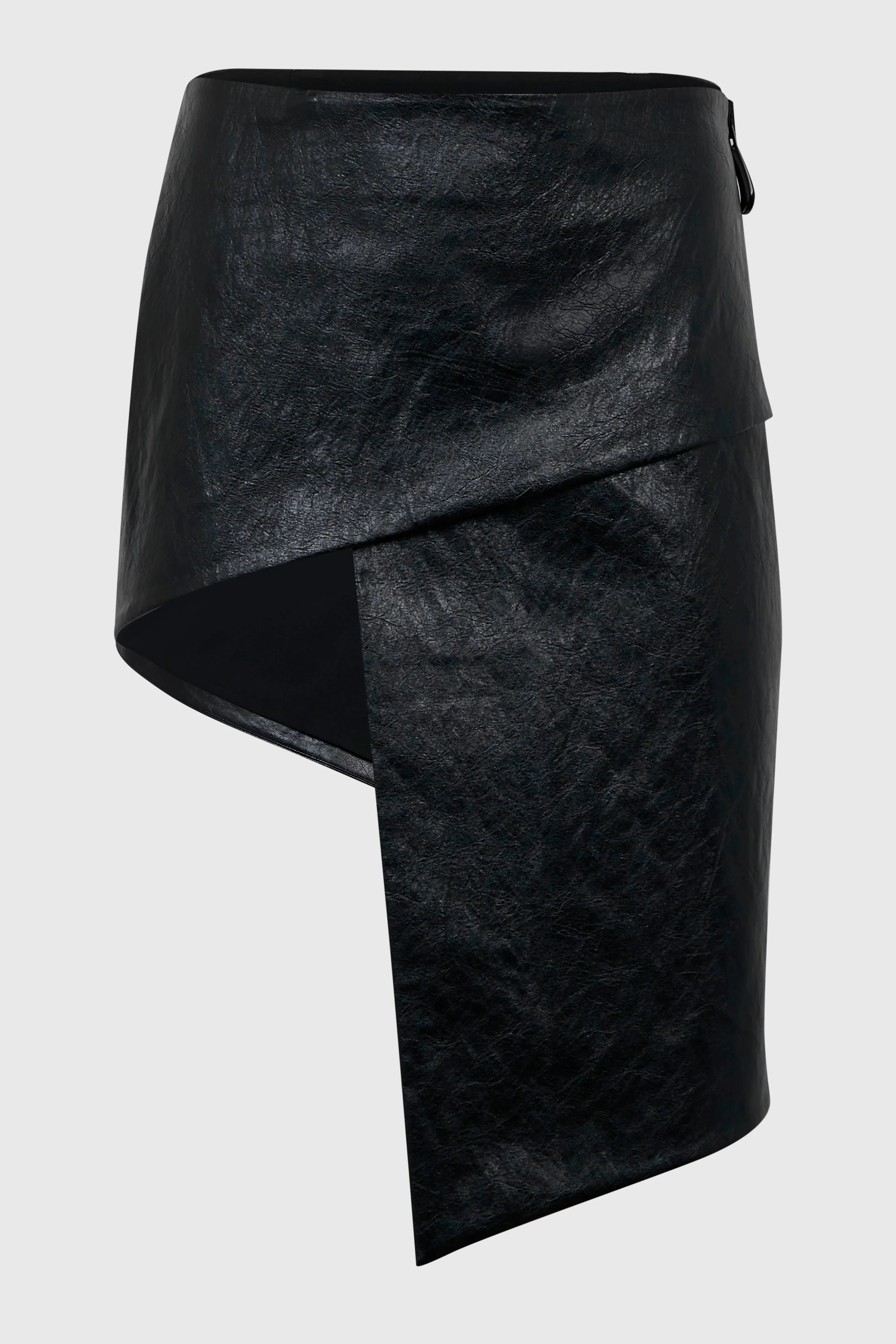 VEGAN LEATHER ASYMMETRIC WRAP SKIRT W/ CHUNKY ZIPPER