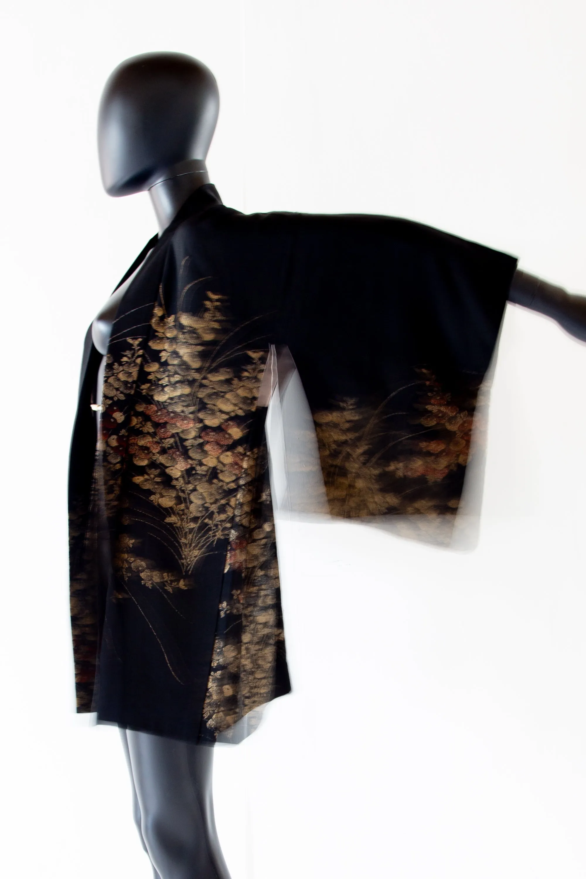 Vintage 1950s Black and Gold Silk Haori Jacket