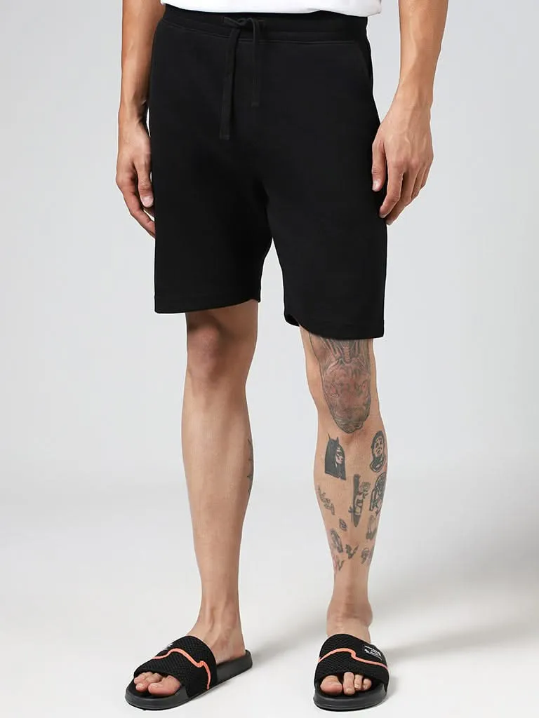 WES Lounge Solid Black Mid-Rise Cotton Blend Relaxed-Fit Shorts