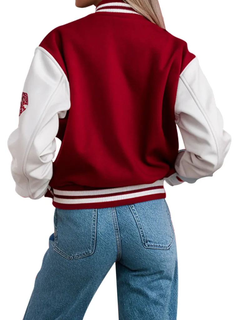 Women's Classic Letterman Style Red and White Varsity Jacket