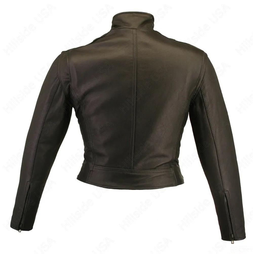 Womens Made in USA Naked Leather Form Fitting Motorcycle Jacket Gun Pockets Stand Up Collar