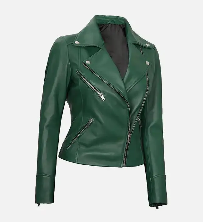 Women's Moto Style Green Leather Jacket