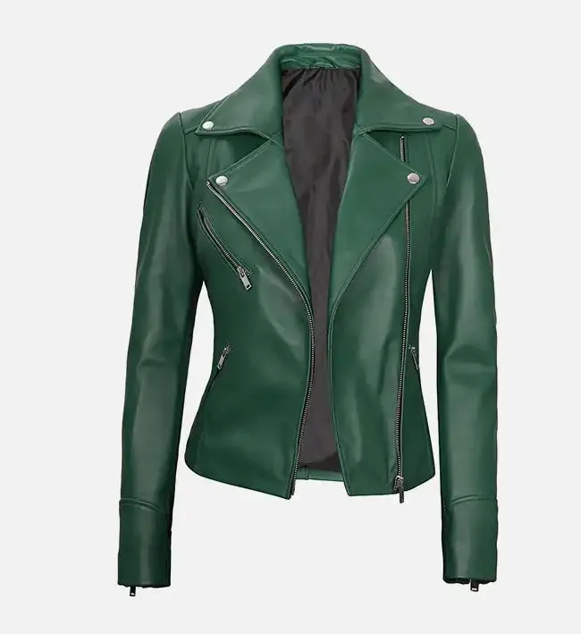 Women's Moto Style Green Leather Jacket