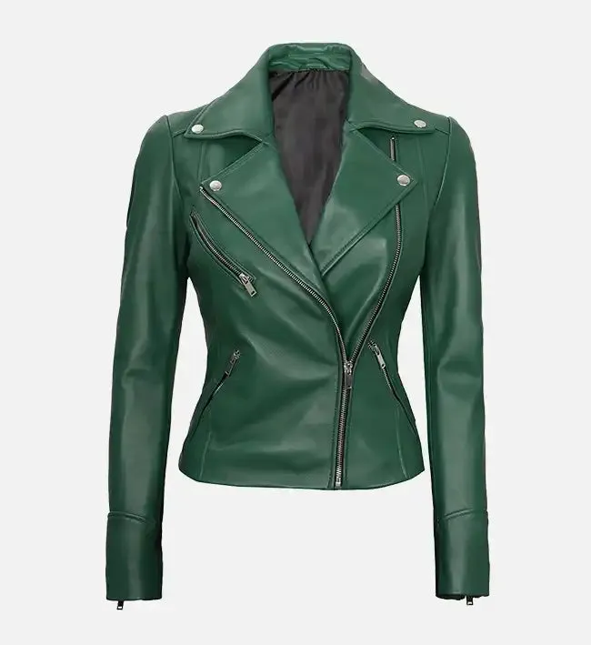 Women's Moto Style Green Leather Jacket